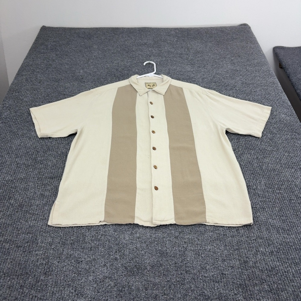 Paradise Coves Shirt Mens XL Beige Silk Striped Short Sleeve Casual Retro Style